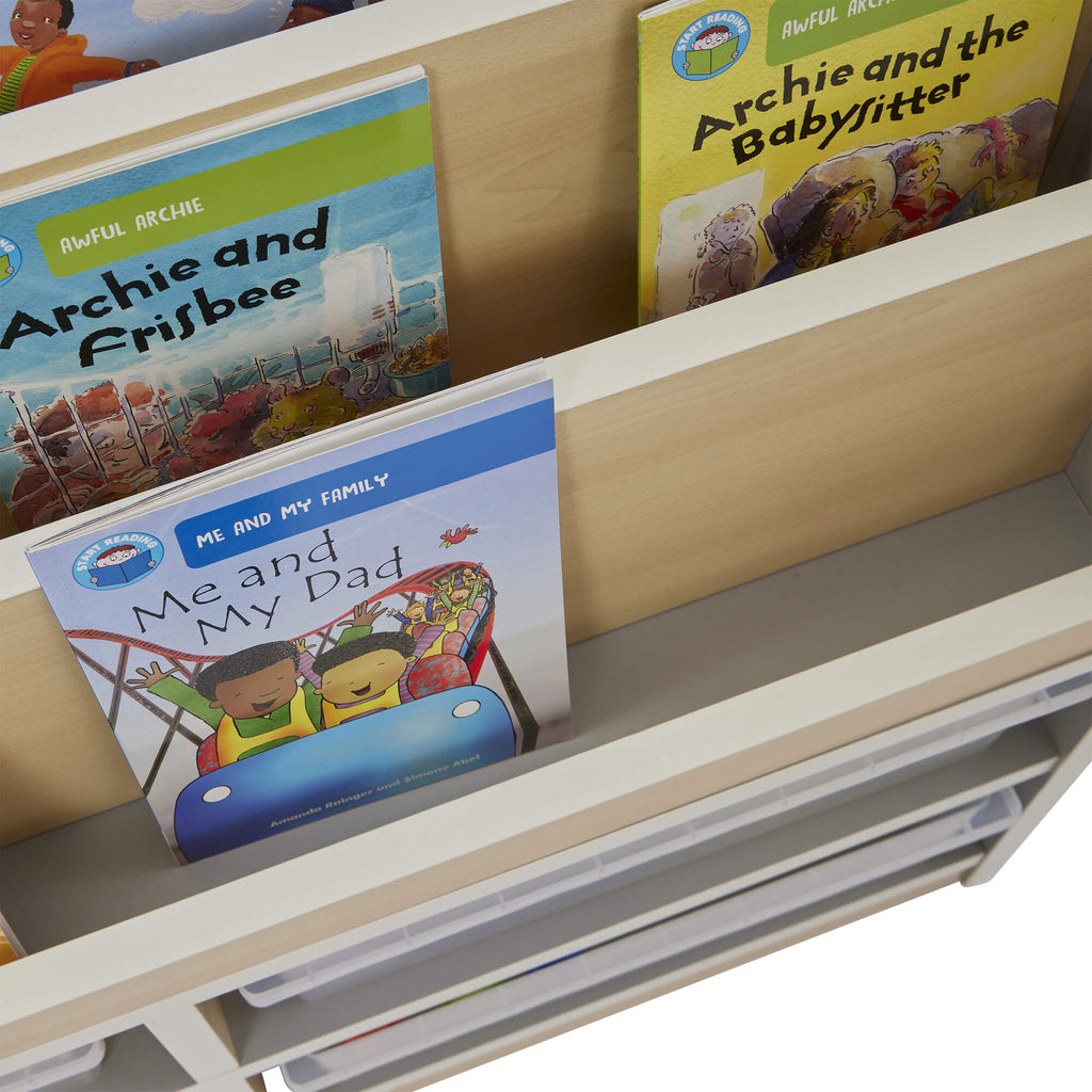 Thrifty 6 Compartment Book Storage with 6 small clear trays