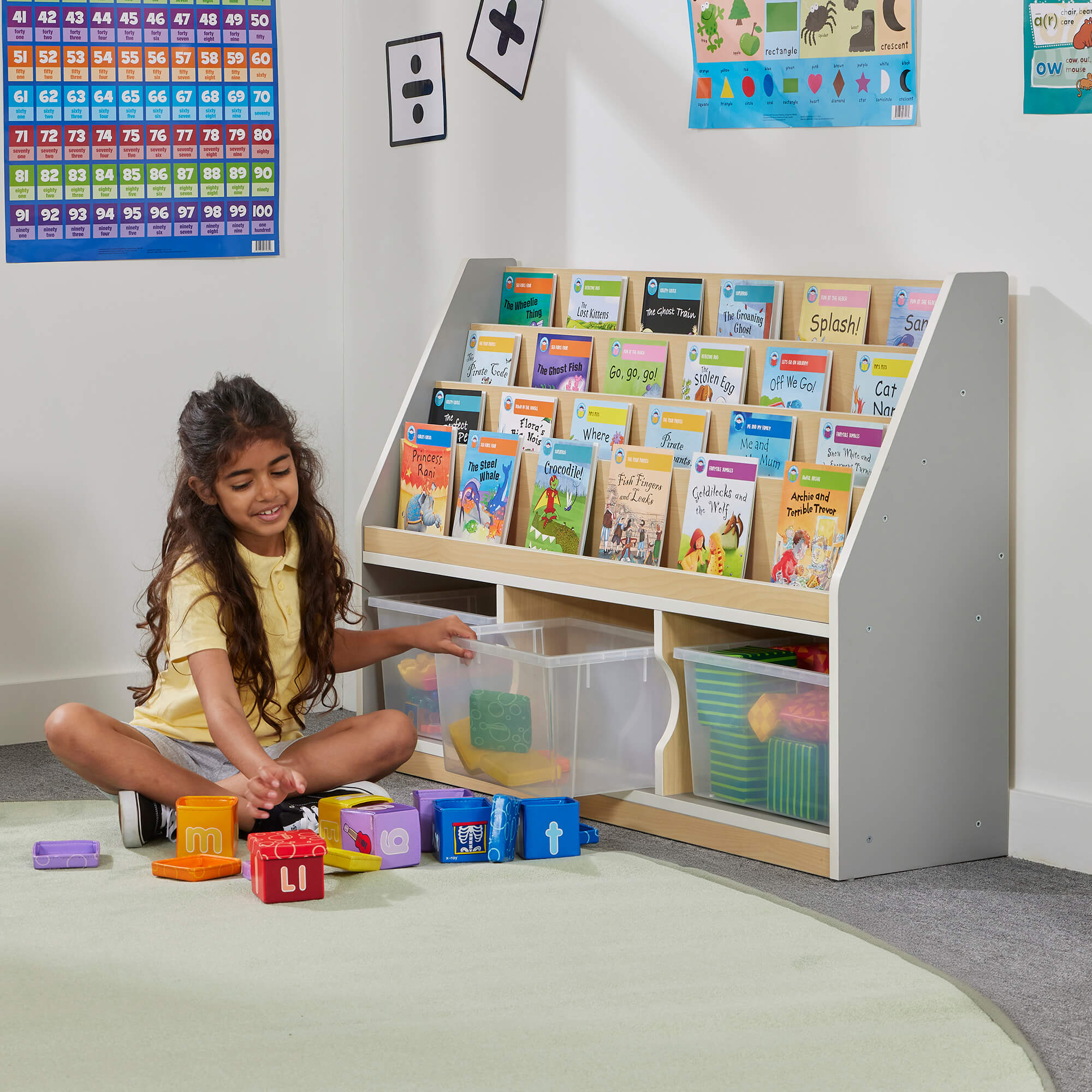 Thrifty 3 Compartment Book Storage with 3 Large trays
