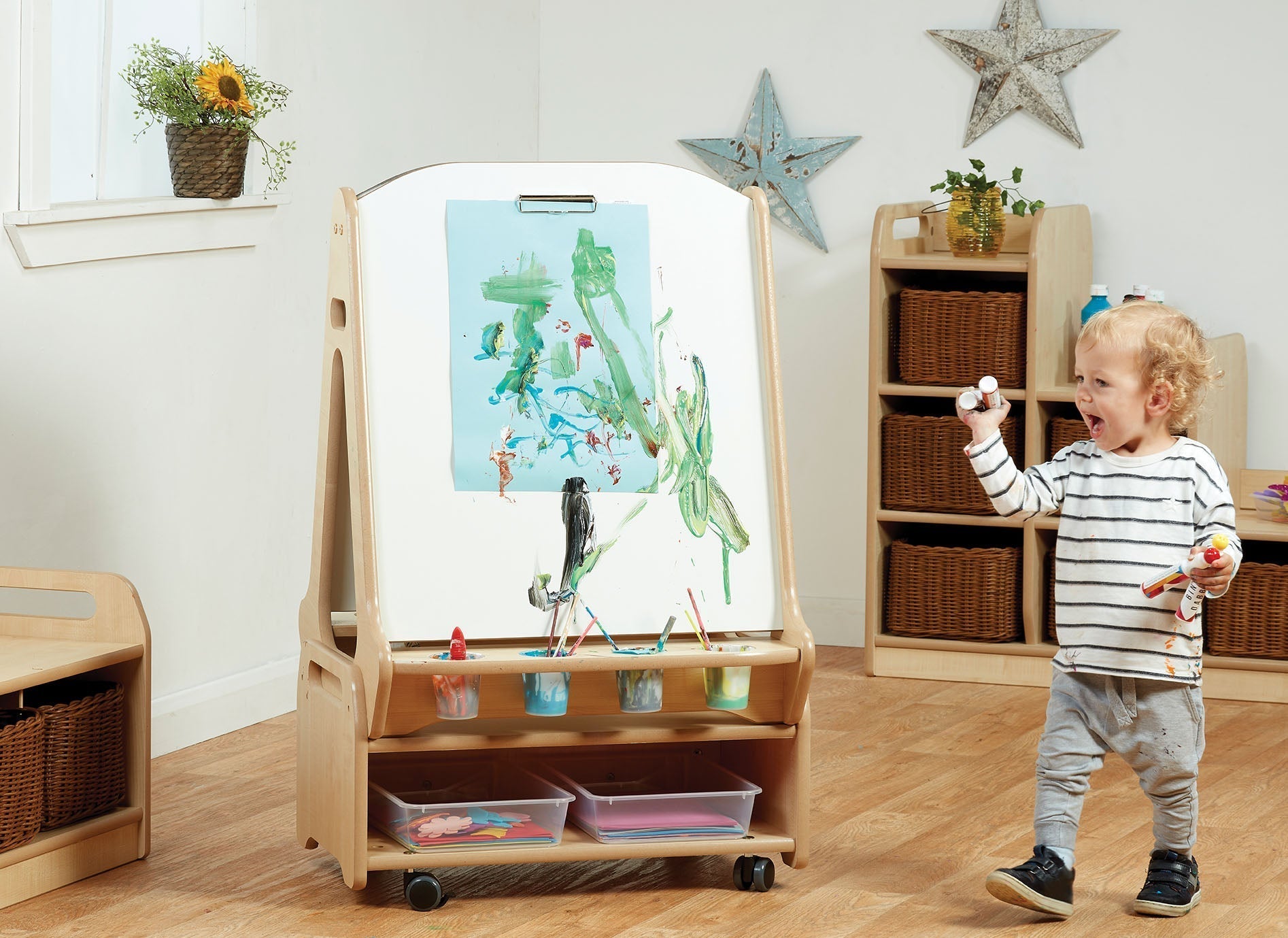 Double-sided 2 Station Whiteboard Easel with Low Storage Trolley