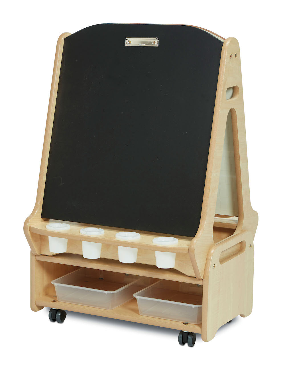 Double-sided 2 Station Chalk/Whiteboard Easel with Low Storage Trolley