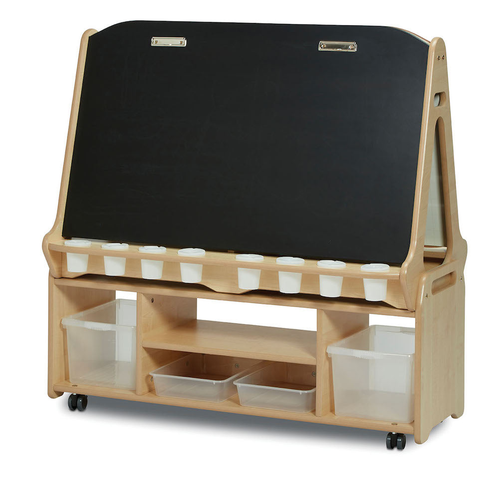 Double-sided 4 Station Chalk/Whiteboard Easel with Tall Easel Storage Trolley