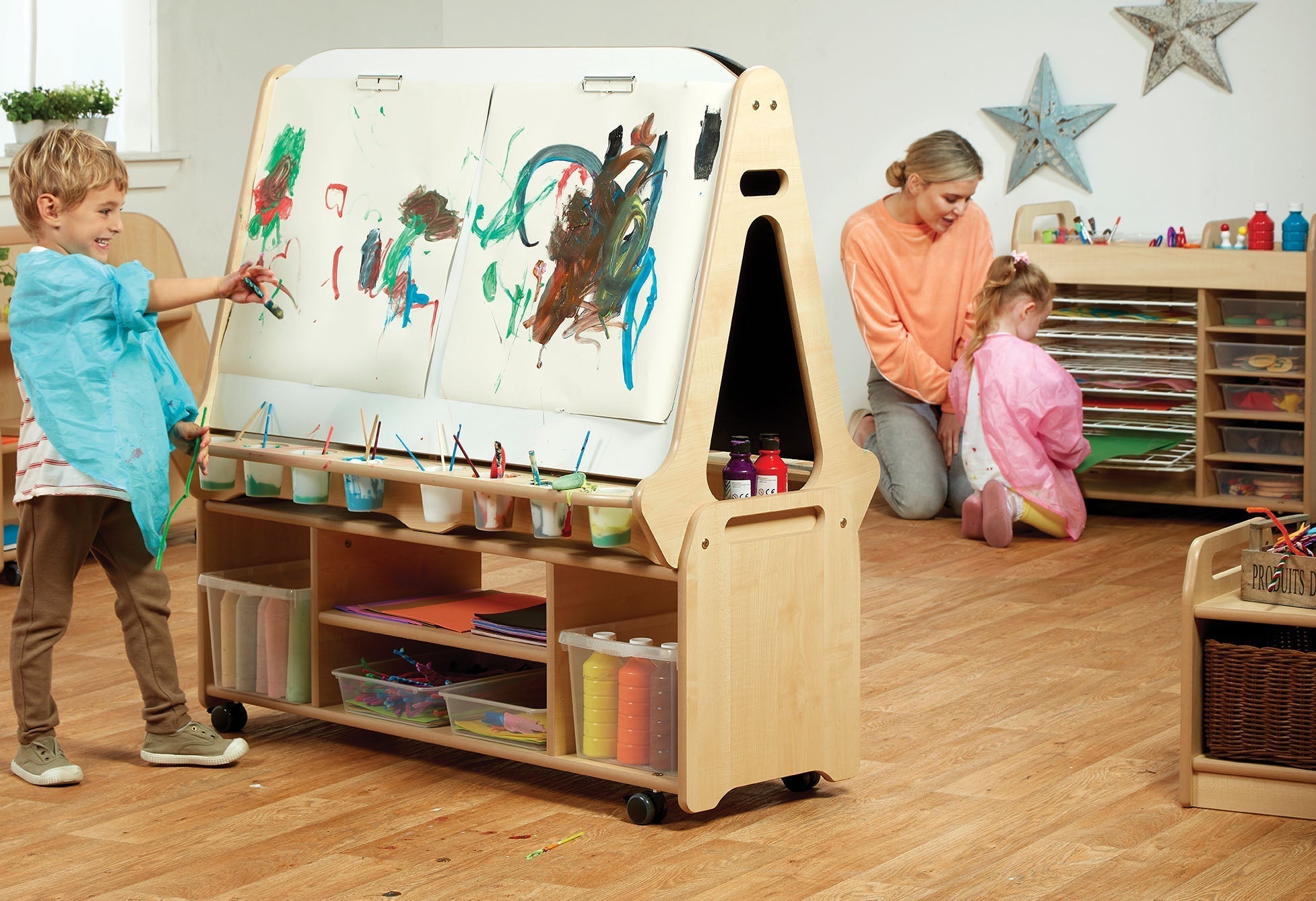 Double-sided 4 Station Whiteboard Easel with Tall Storage Trolley