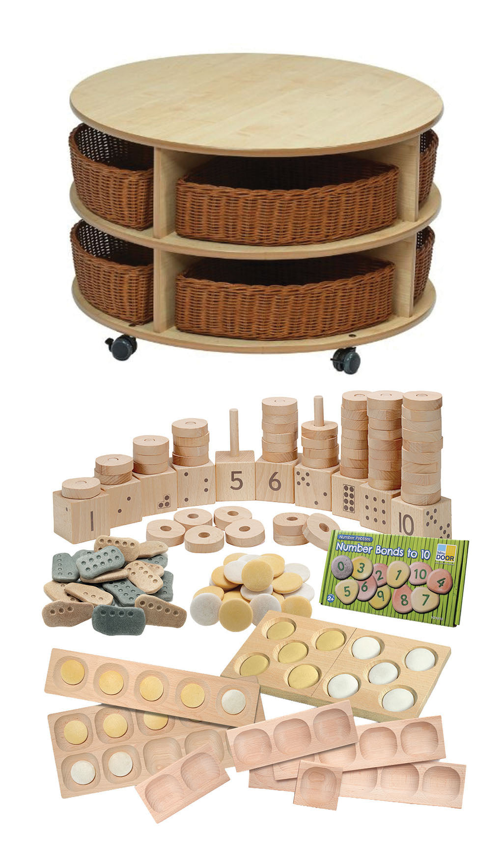 DOUBLE TIER MOBILE CIRCULAR STORAGE UNIT PLUS CLEAR TUBS AND PT1145 INDOOR MATHS KITS