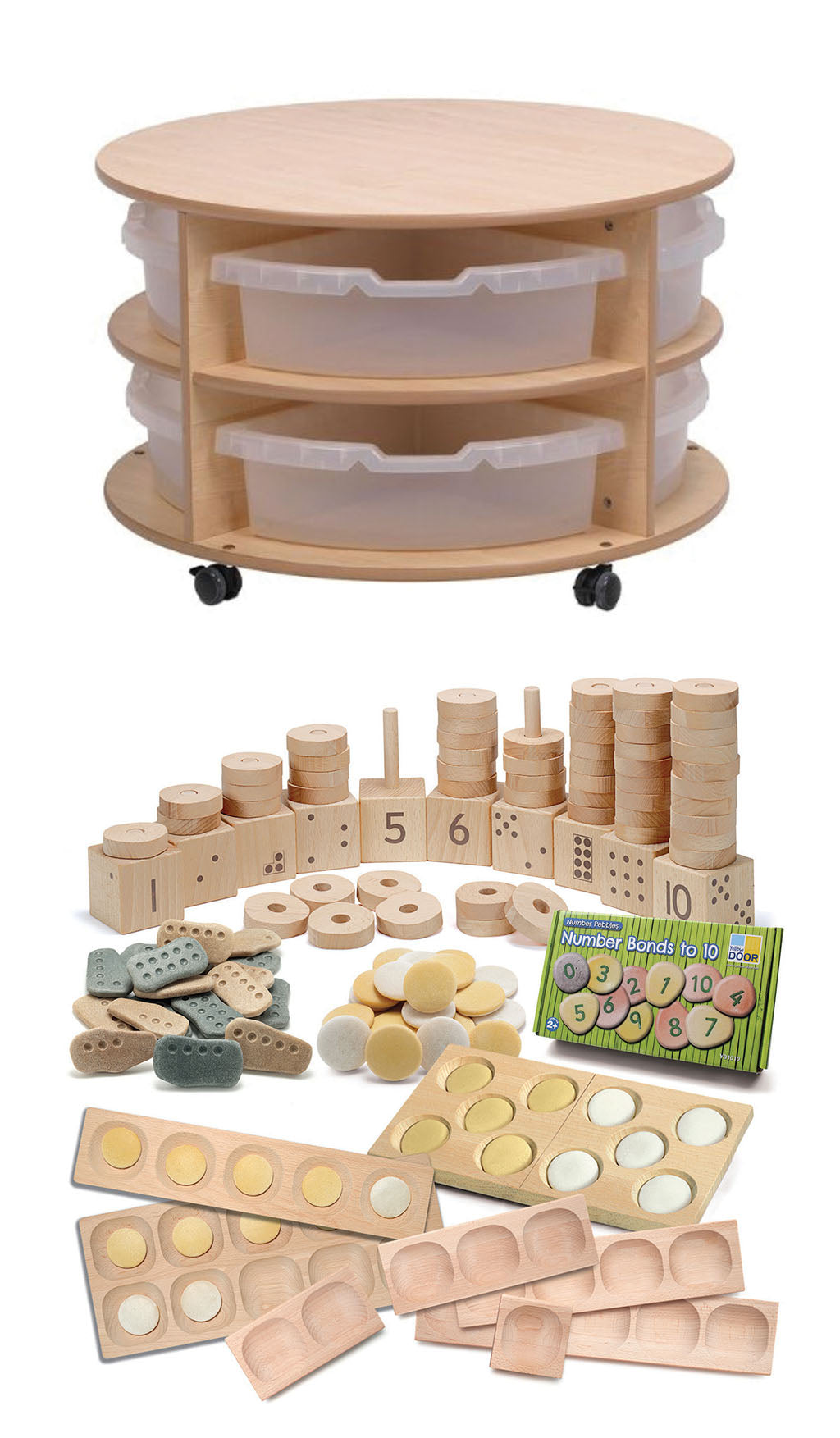 DOUBLE TIER MOBILE CIRCULAR STORAGE UNIT PLUS CLEAR TUBS AND PT1145 INDOOR MATHS KITS