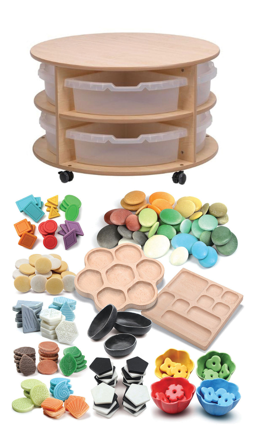 DOUBLE TIER MOBILE CIRCULAR STORAGE UNIT PLUS CLEAR TUBS AND PT1145 INDOOR MATHS KITS