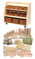 MOBILE TIERED SHELF UNIT WITH MIRROR BACK WITH BASKETS PLUS PT1145 INDOOR MATHS KITS