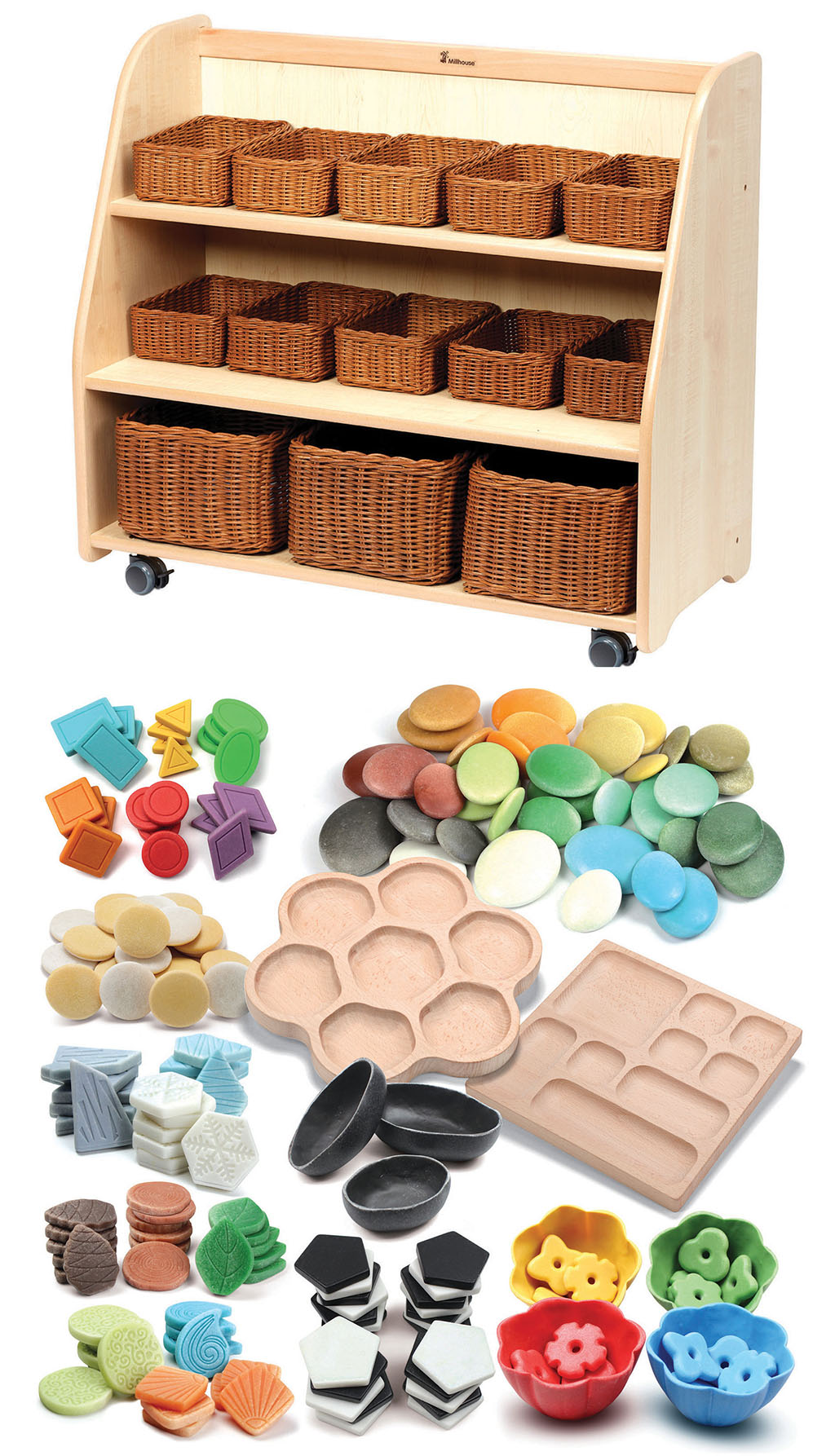 MOBILE TIERED SHELF UNIT WITH MIRROR BACK WITH BASKETS PLUS PT1146 LOOSE PARTS KIT