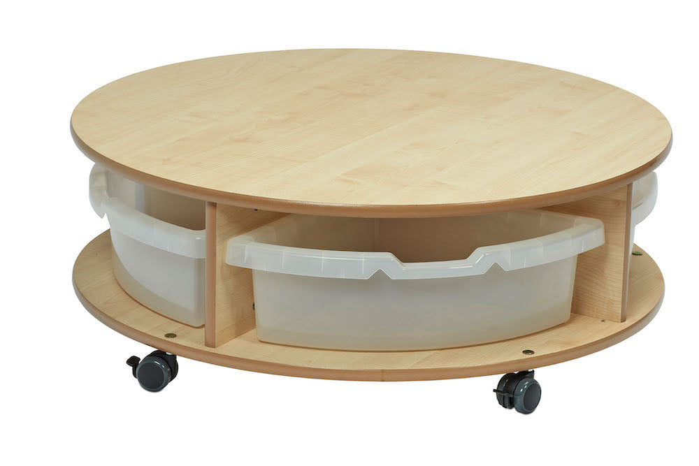 SINGLE TIER MOBILE CIRCULAR STORAGE UNIT WITH 4 CLEAR TUBS