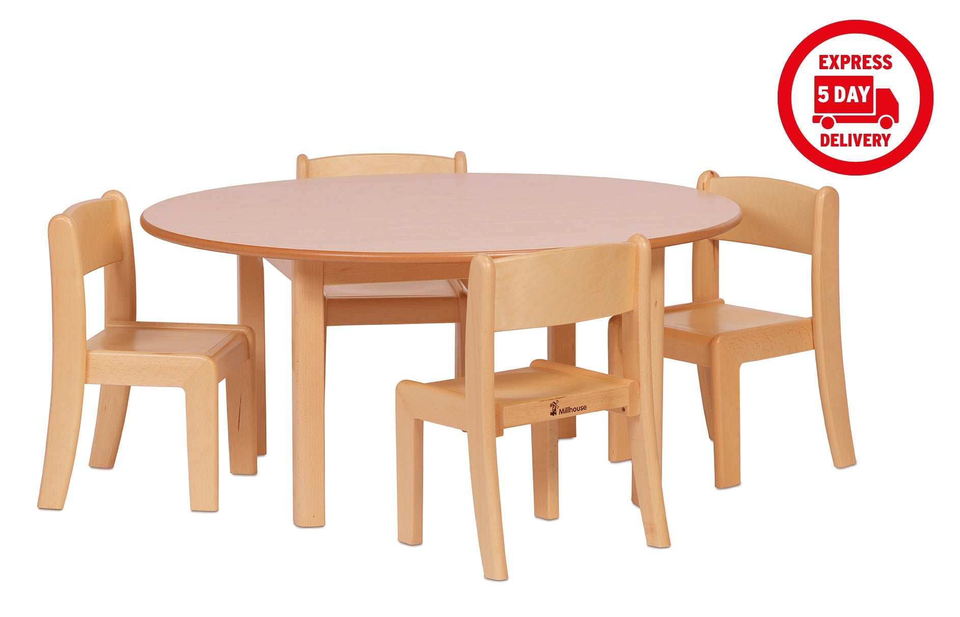 Medium Circular Table (900mm Diameter) + 4 Beech Stacking Chairs (H210mm)
