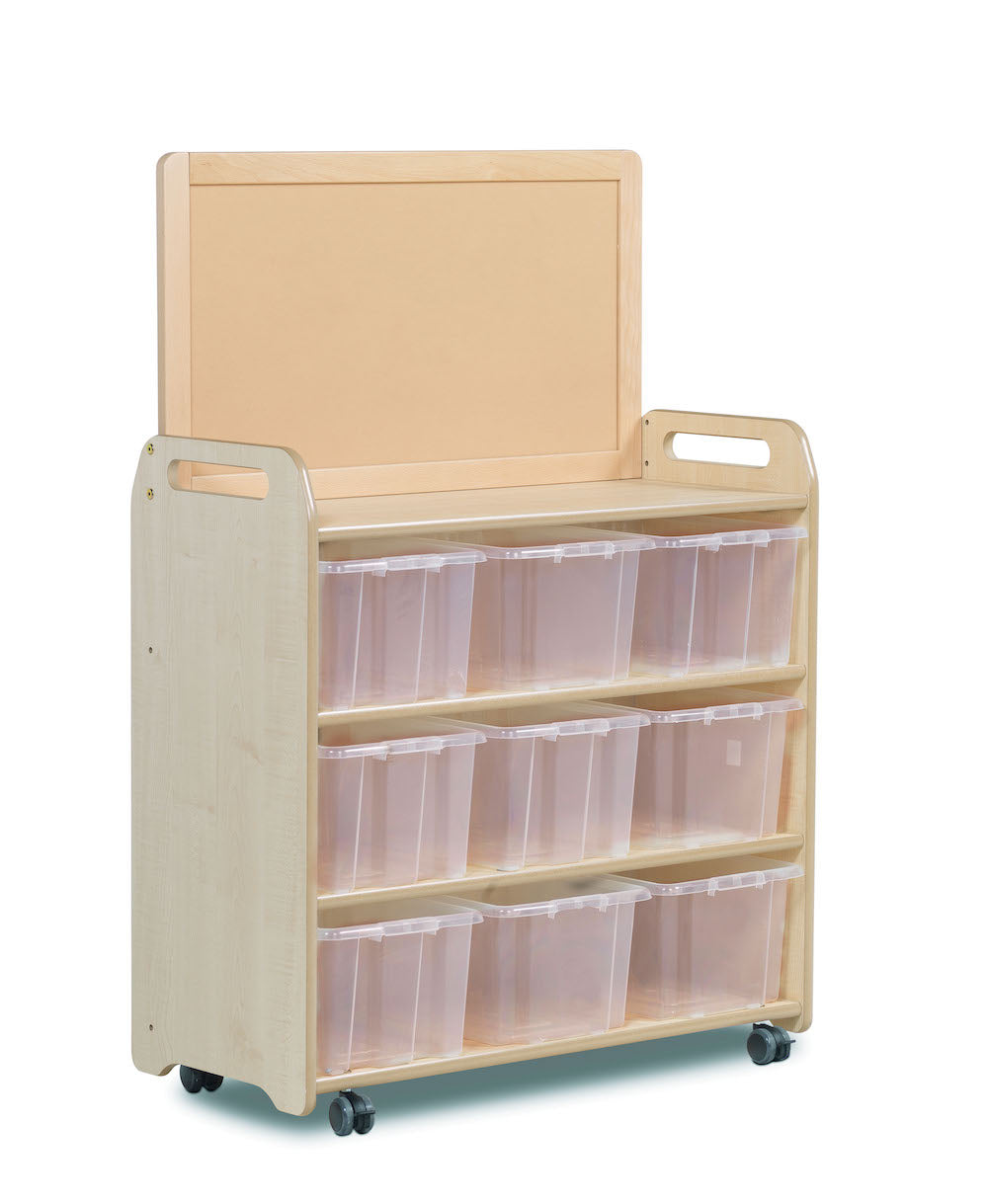 MOBILE SHELF UNIT WITH TOP DISPLAY ADD-ON AND 9 CLEAR TUBS