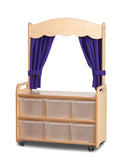 MOBILE TALL UNIT WITH THEATRE ADD-ON WITH 6 CLEAR TUBS AND PURPLE CURTAINS
