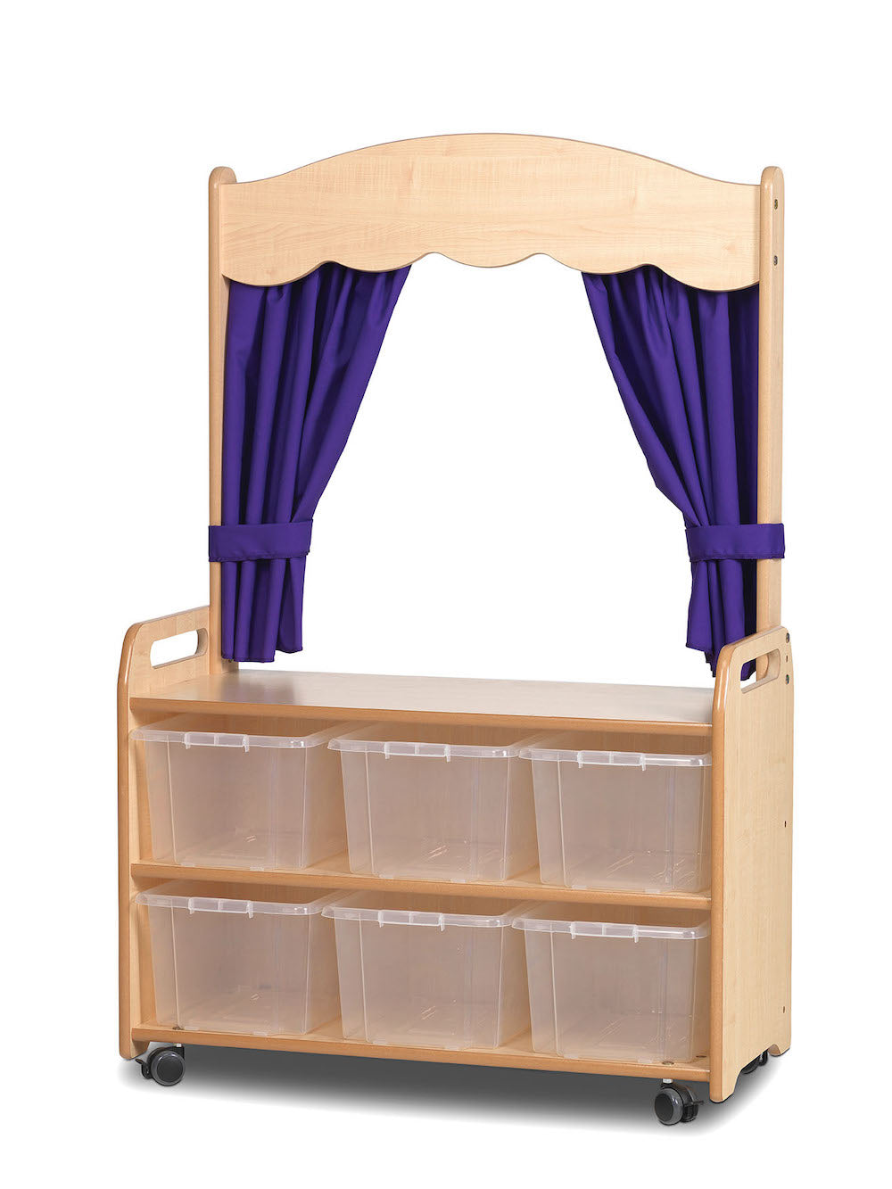 MOBILE TALL UNIT WITH THEATRE ADD-ON WITH 6 CLEAR TUBS AND PURPLE CURTAINS