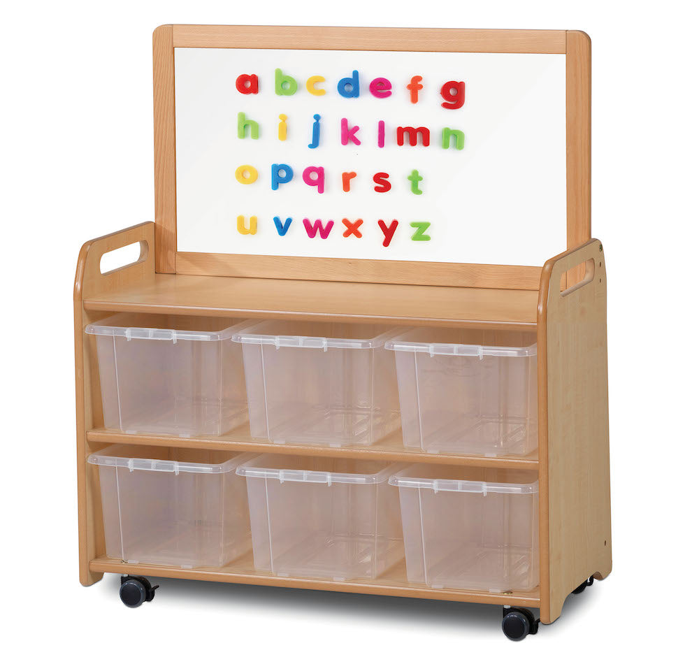 MOBILE UNIT WITH TOP MAGNETIC WHITEBOARD ADD-ON 6 CLEAR TUBS