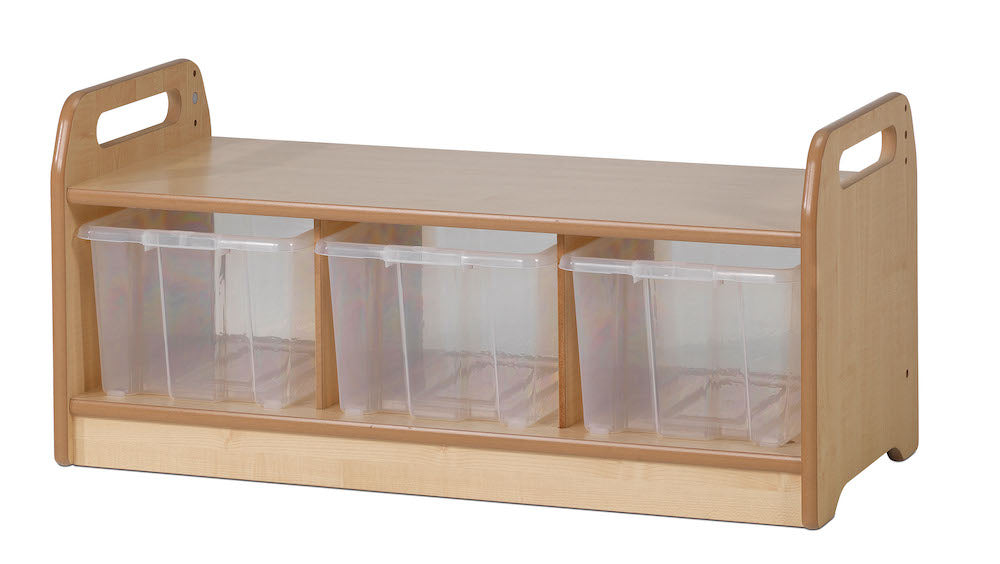 LOW LEVEL STORAGE BENCH WITH 3 CLEAR TUBS