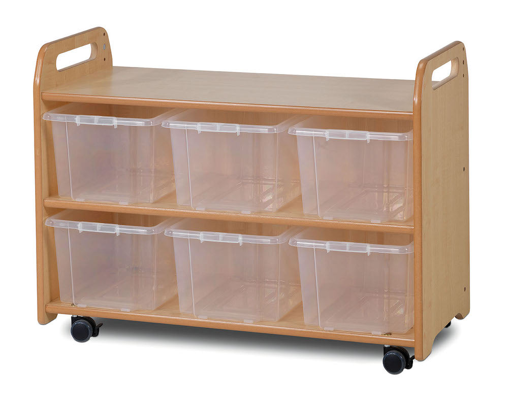 MOBILE SHELF UNIT WITH DISPLAY & MIRROR BACK AND 6 CLEAR TUBS