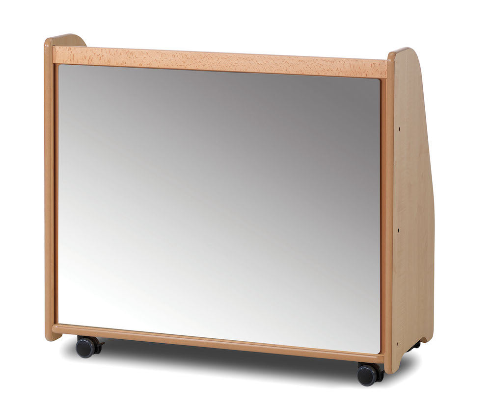 MOBILE TIERED SHELF UNIT WITH MIRROR BACK (EMPTY)