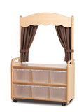 MOBILE TALL UNIT WITH THEATRE ADD-ON WITH 6 CLEAR TUBS AND TAUPE CURTAINS